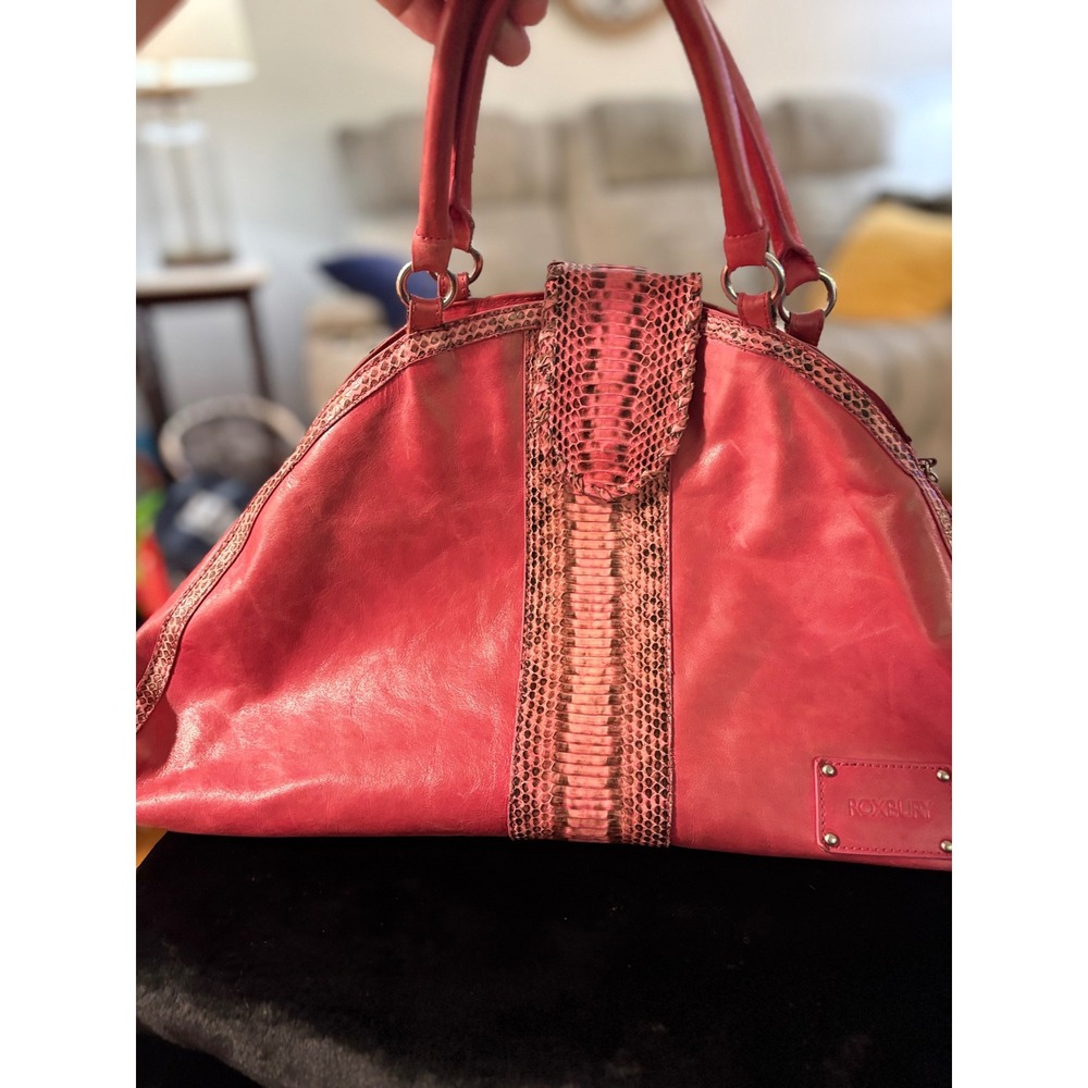Roxbury Red Leather Satchel Handbag with Snakeskin Trim Detail